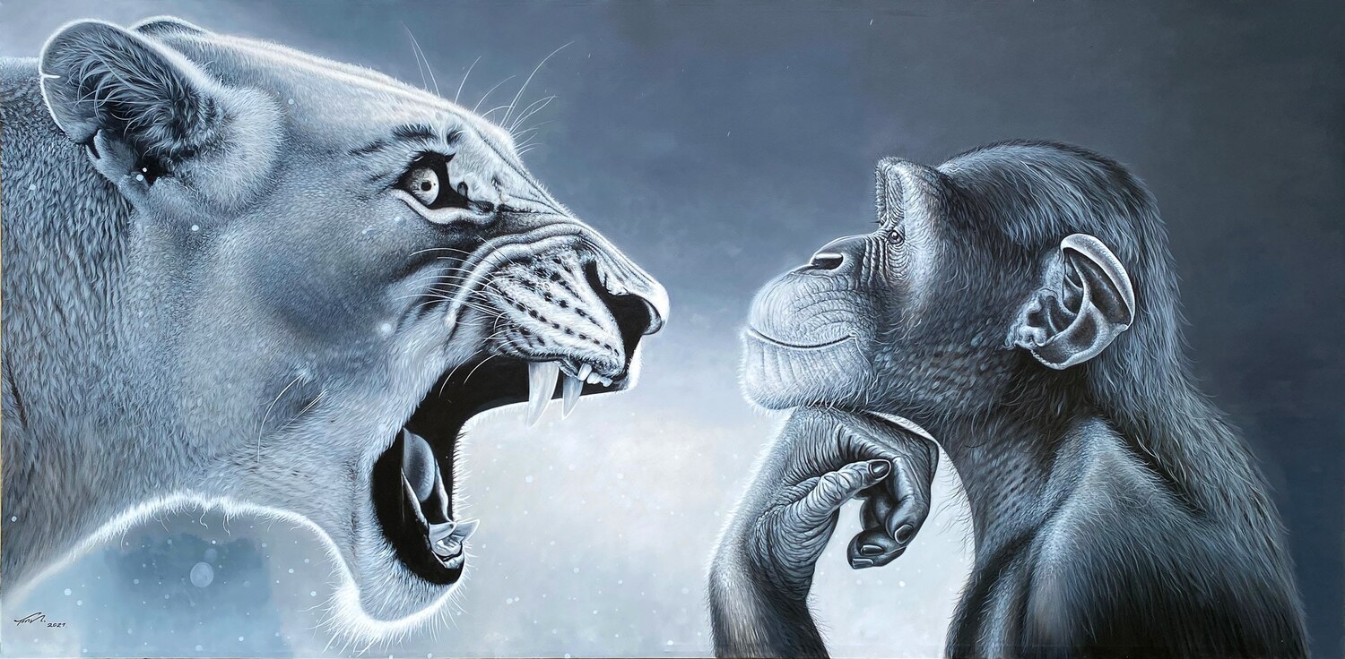 Tiger yelling at pondering monkey